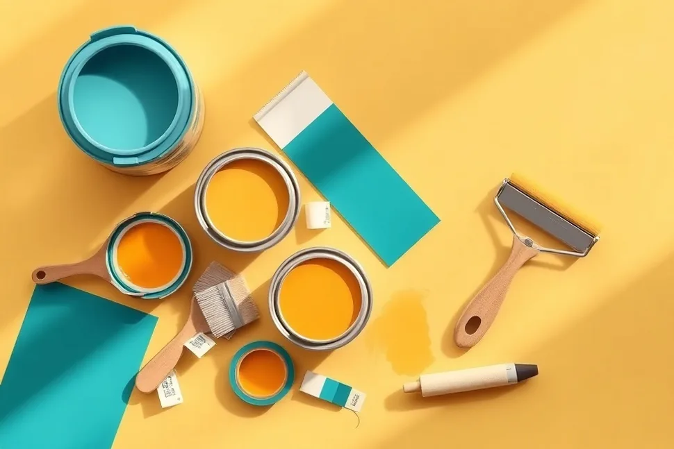 Pots de peinture, nuancier, brosses et rouleaux disposés à plat