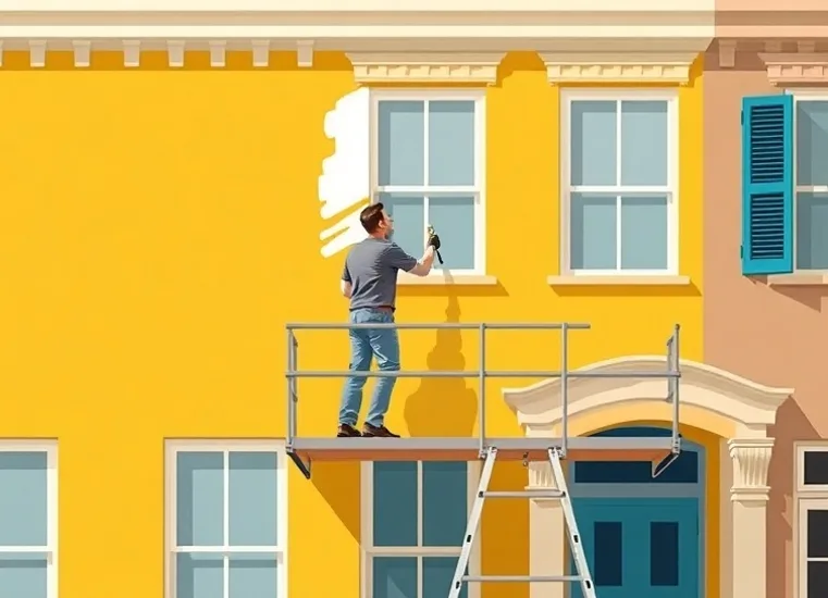 Peintre sur échafaudage traitant la façade d'une maison
