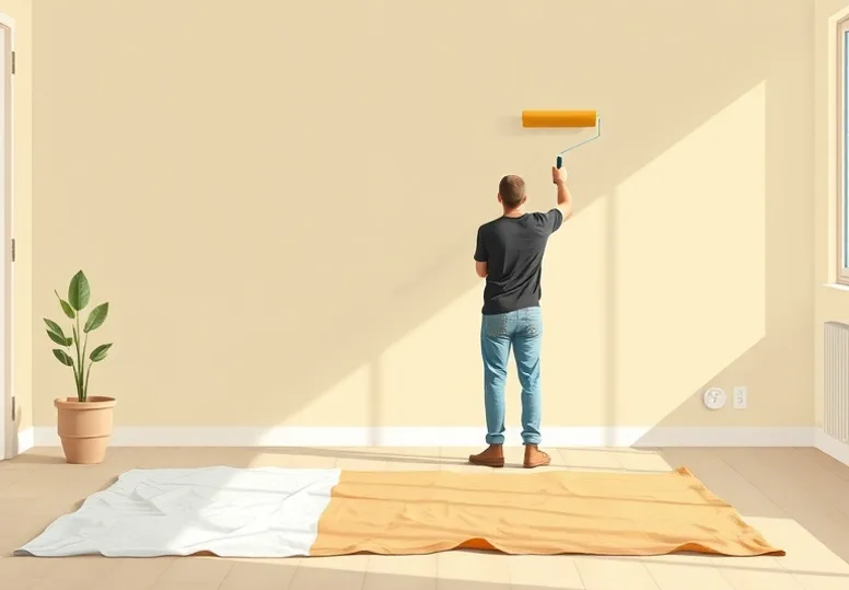 Peintre appliquant la peinture au rouleau sur un mur de salon